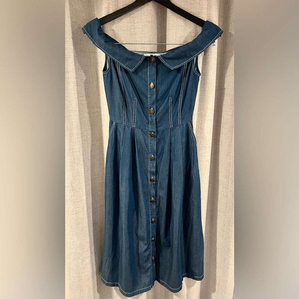 Pinko Off-Shoulder Blue Denim Midi Dress